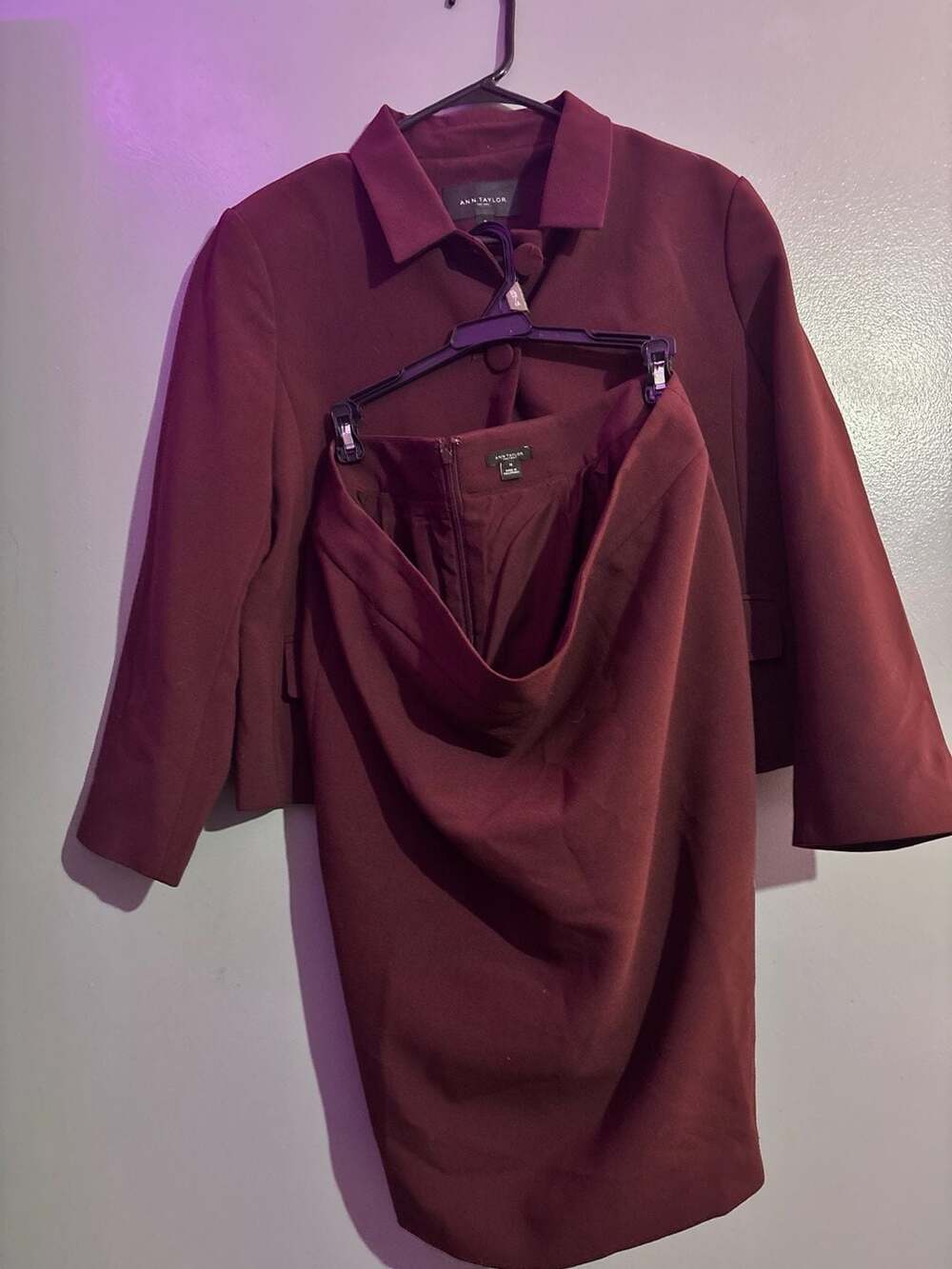 Ann Taylor Factory Burgundy Button-Front Blazer and Skirt Suit Set